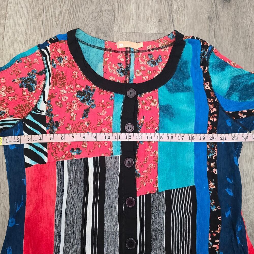 LA CERA Patchwork Button Dress XL Boho Artsy Short Sleeve Lagenlook Bohemian - Picture 7 of 10